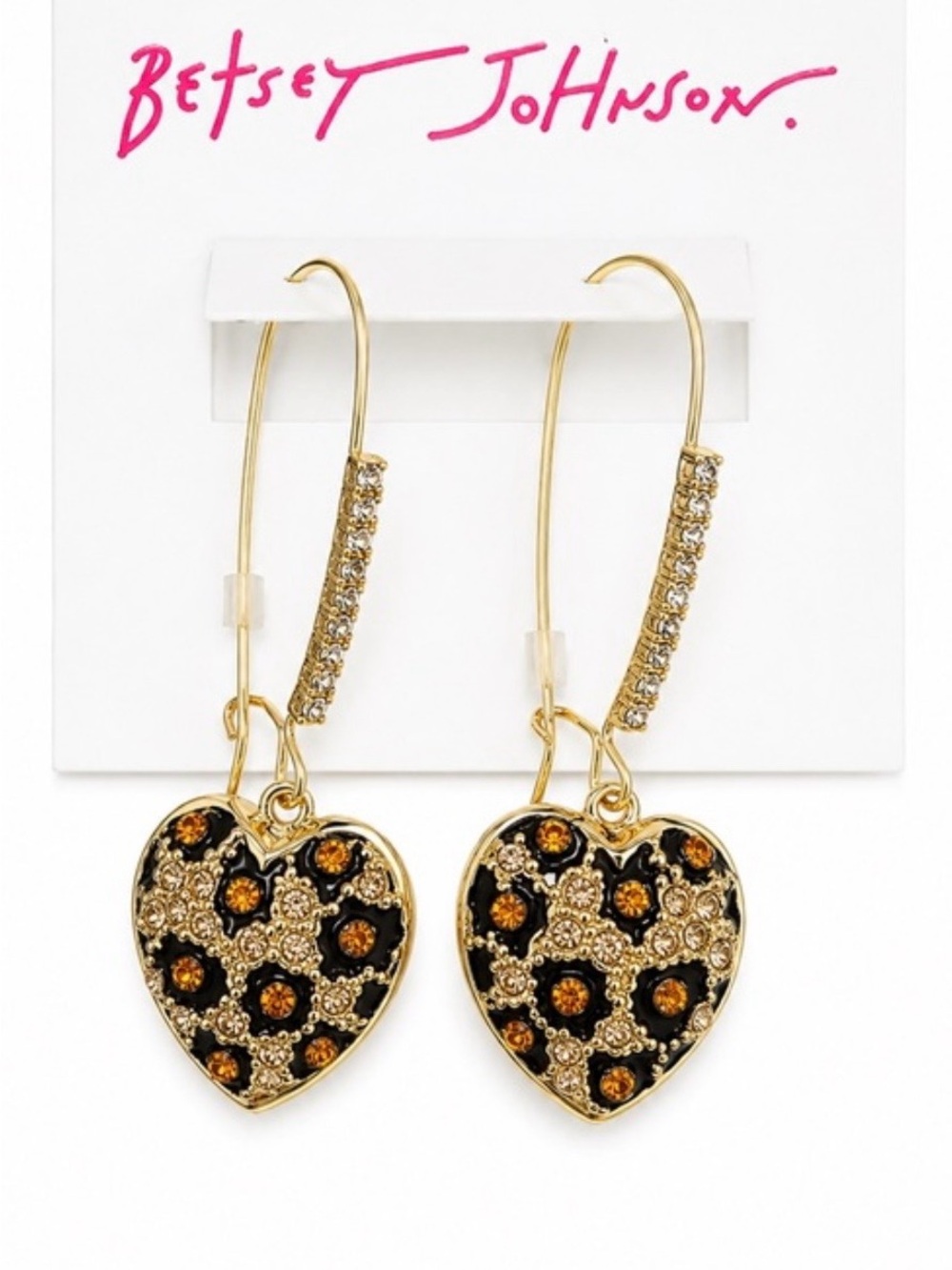 Betsey Johnson Gold-tone Black and Amber Heart Drop Earrings